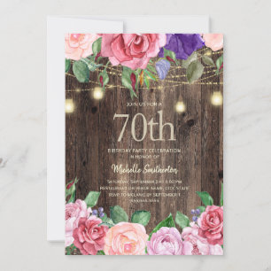 Invitación Luces de Cadena de Flores Moradas Rosadas Rústicas
