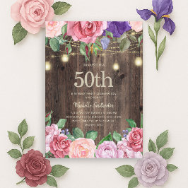 Invitación Luces de Cadena de Flores Moradas Rosadas Rústicas