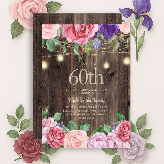 Invitación Luces de Cadena de Flores Moradas Rosadas Rústicas (Pink and purple watercolor floral and rustic wood 60th birthday party invitation)