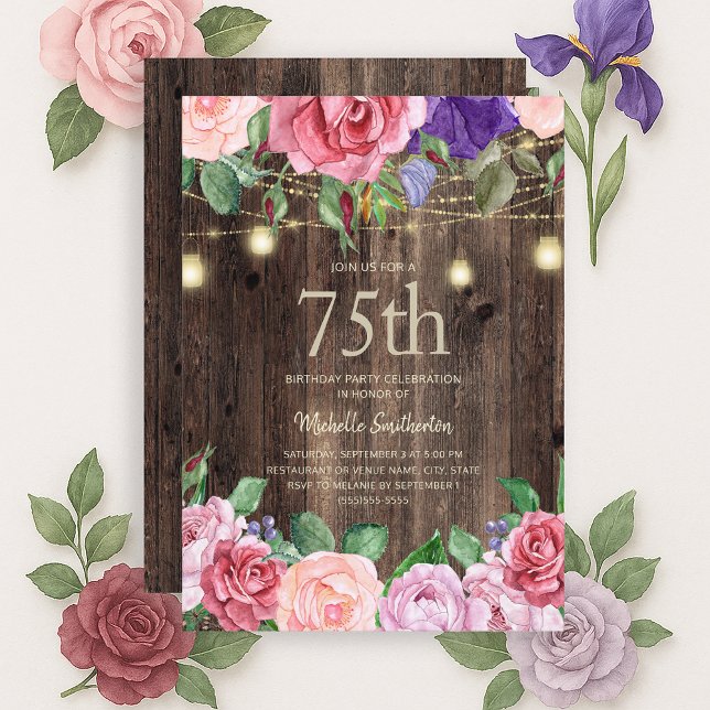 Invitación Luces de Cadena de Flores Moradas Rosadas Rústicas (Pink and purple watercolor floral and string lights on rustic wood 75th birthday invitation)
