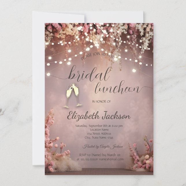 Invitación Luces de Cadena de Flores Rosadas Champán Boda (Anverso)