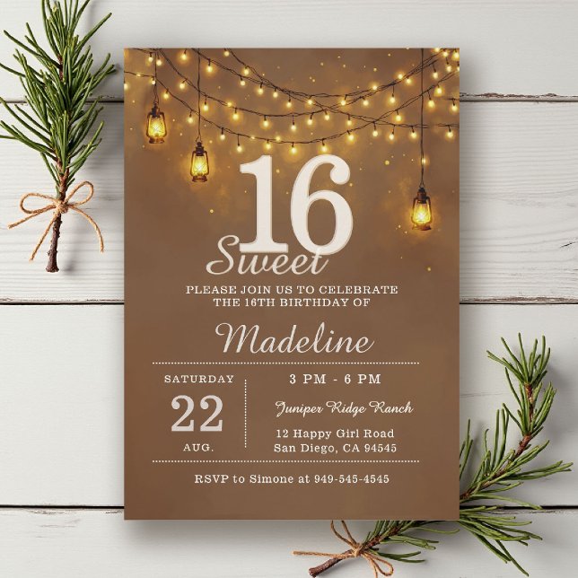 Invitación Luces de Cadena de Granero Rústico Luces de Linter (rustic sweet 16 birthday party invitation string lights barn lanterns brown gold outdoors backyard)