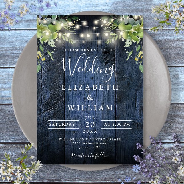 Invitación Luces de Cadena de Madera de Granero Azul con Verd (Blue Barn Wood String Lights Greenery Wedding Invitation)