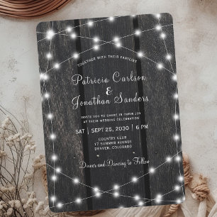 Invitación Luces de cadena de madera de granero rústico boda