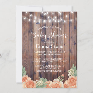 Invitación Luces de cadena de madera ruda floral de Baby Show