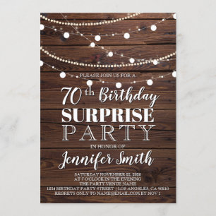 Invitación Luces de cadena de madera rústica de 70 cumpleaños