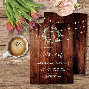 Invitación Luces de cadena de madera rústica monograma boda d