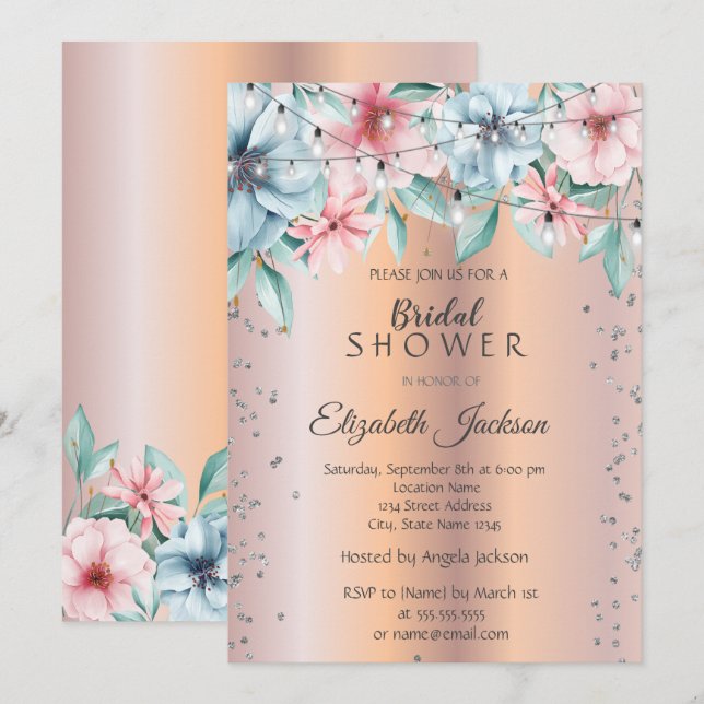 Invitación Luces de cadena de moda, ducha de novia floral Dia (Anverso / Reverso)