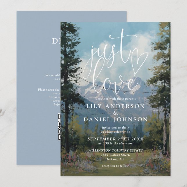 Invitación Luces de Cadena de Montaña Just Love Boda Código Q (Anverso / Reverso)