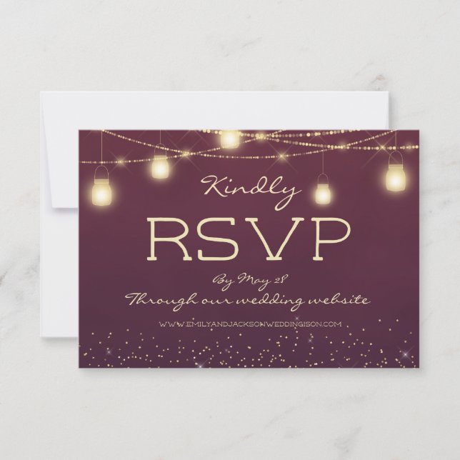 Invitación Luces de Cadena de Oro Borgoña Linternas Boda RSVP (Anverso)