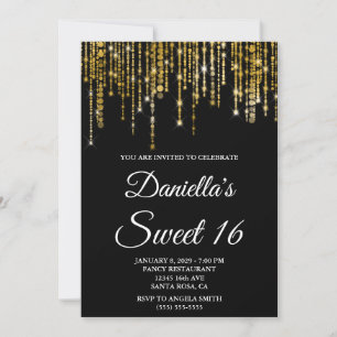 Invitación Luces de Cadena de Oro Brillante Dulces 16 Negros