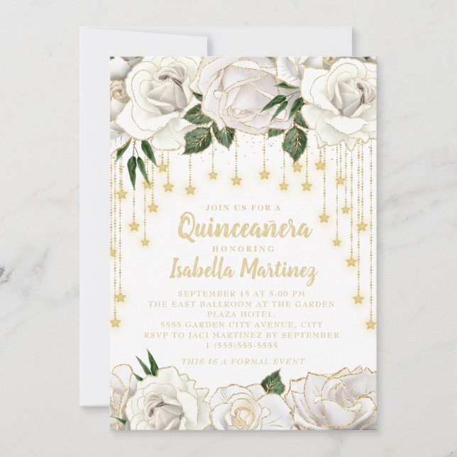 Invitación Luces de cadena de oro con rosas blancas y estrell (Anverso)