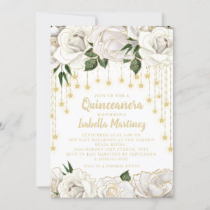 Invitación Luces de cadena de oro con rosas blancas y estrell