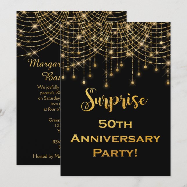 Invitación Luces de Cadena de Oro Texto Dorado 50 Aniversario (Anverso / Reverso)