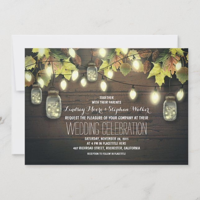 Invitación Luces de cadena de otoño y Boda ruso de Mason Jars (Anverso)