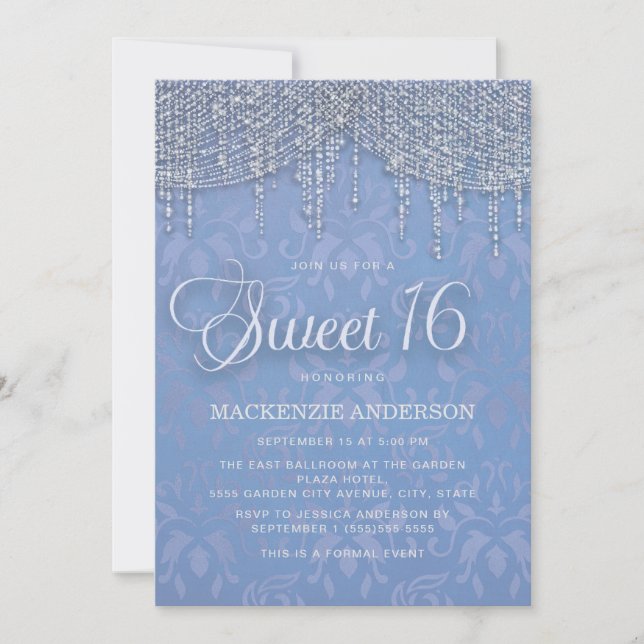 Invitación Luces de Cadena de Plata Azul Damask Dulce 16 (Anverso)