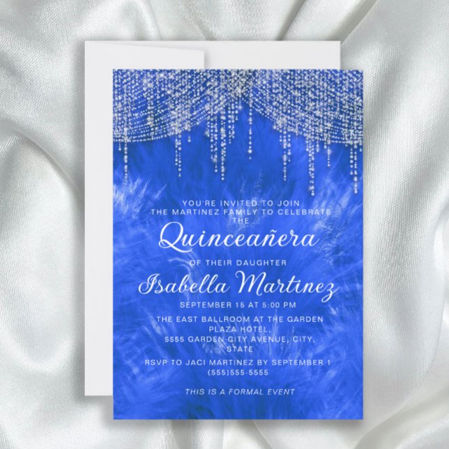 Invitación Luces de Cadena de Plata Azul Real Elegante Quince (Elegant royal blue and silver string lights Quinceañera invitation)