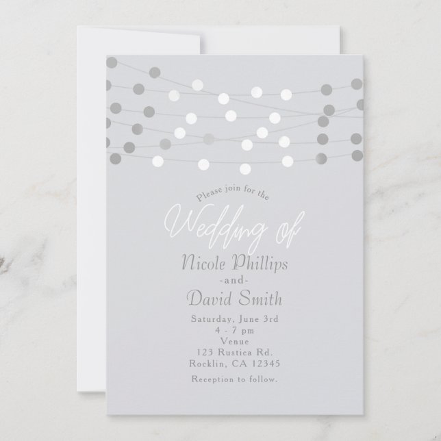 Invitación Luces de Cadena de Plata Blanca Modernas Chic Boda (Anverso)