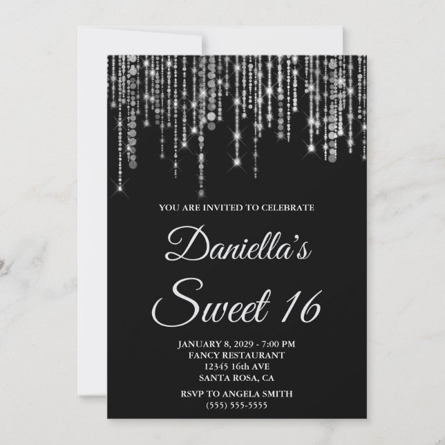 Invitación Luces de Cadena de Plata Brillante Dulces 16 (Anverso)