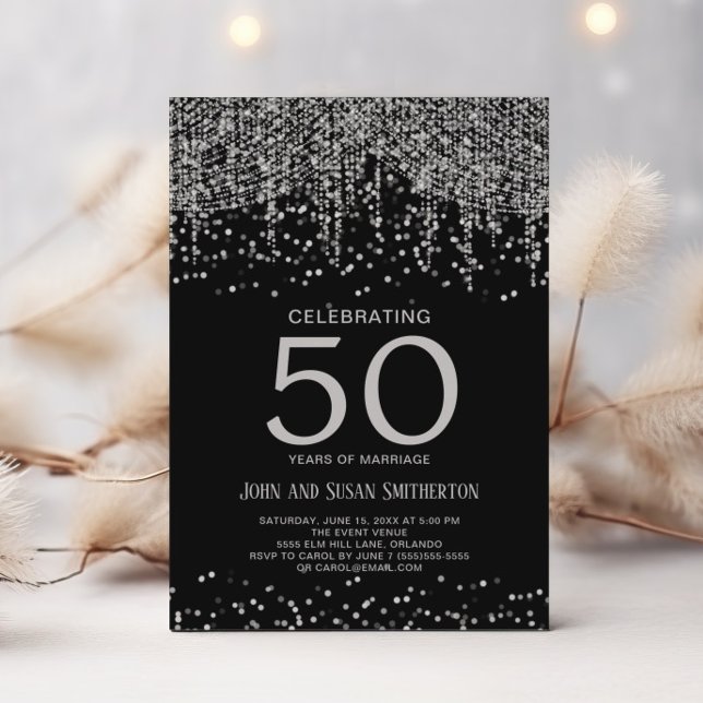 Invitación Luces de Cadena de Plata con Brillo Negro 50 Anive (Elegant silver and black 50th anniversary invitation)