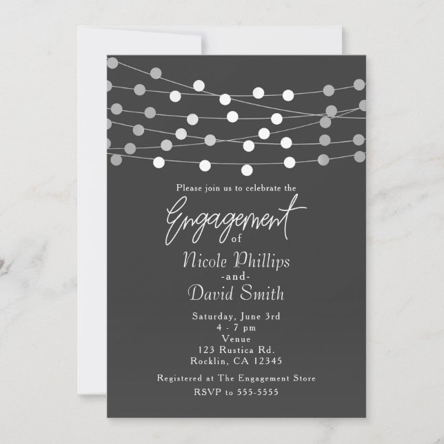 Invitación Luces de Cadena de Plata Gris Modernas para Compro (Anverso)