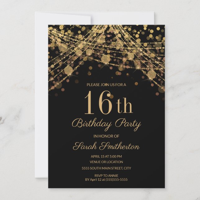 Invitación Luces de Cadena de Purpurina de Oro Negro Cumpleañ (Anverso)