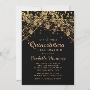 Invitación Luces de Cadena de Purpurina de Oro Negro Quinceañ