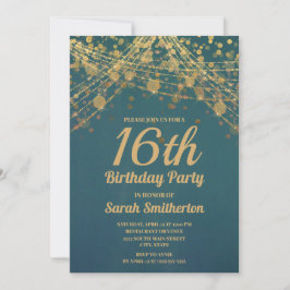 Invitación Luces de Cadena de Purpurina Dorada Teal Cumpleaño