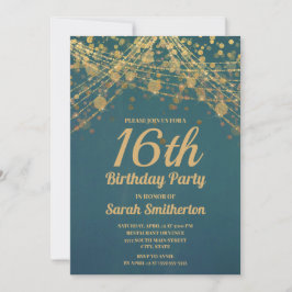 Invitación Luces de Cadena de Purpurina Dorada Teal Cumpleaño