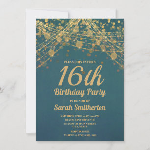 Invitación Luces de Cadena de Purpurina Dorada Teal Cumpleaño
