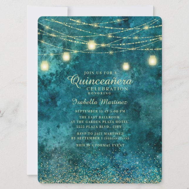 Invitación Luces de Cadena de Purpurina Dorada Turquesa Elega (Anverso)