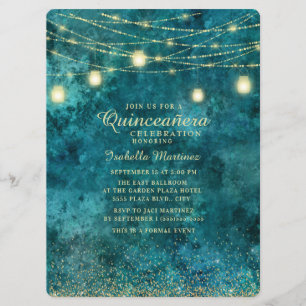 Invitación Luces de Cadena de Purpurina Dorada Turquesa Elega