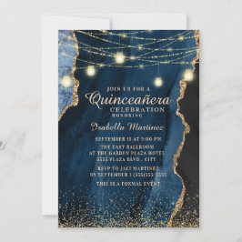 Invitación Luces de Cadena de Purpurina Dorada y Azul Marino 