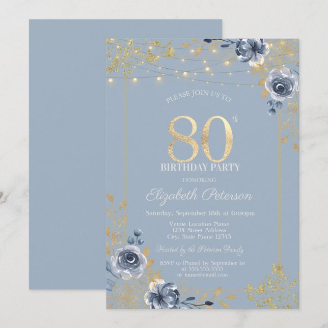 Invitación Luces de Cadena de Rosas Azules Polvorientas Cumpl (Anverso / Reverso)