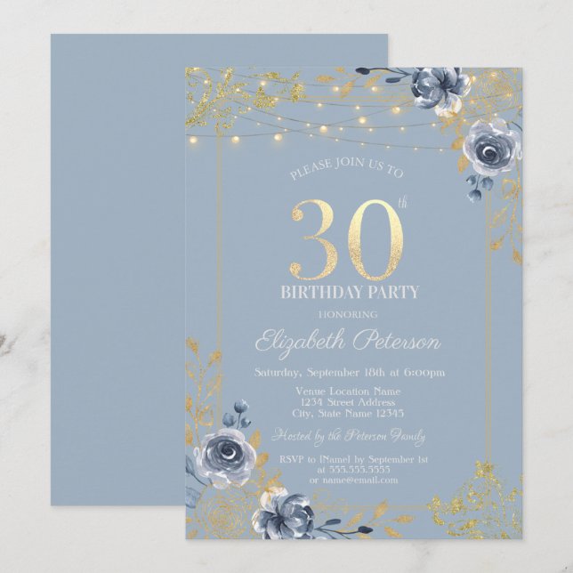 Invitación Luces de Cadena de Rosas Azules Rosas Polvorientas (Anverso / Reverso)