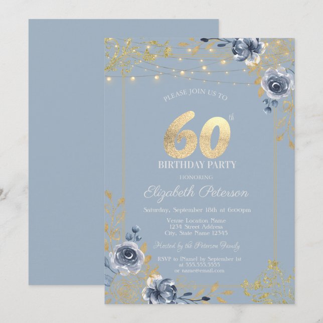 Invitación Luces de Cadena de Rosas Azules Rosas Polvorientas (Anverso / Reverso)