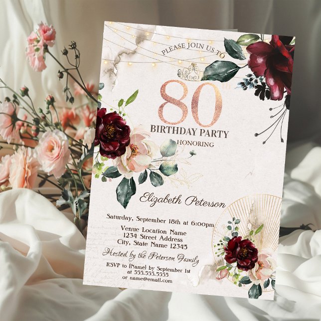 Invitación Luces de Cadena de Rosas de Borgoña para 80 Cumple (Subido por el creador)