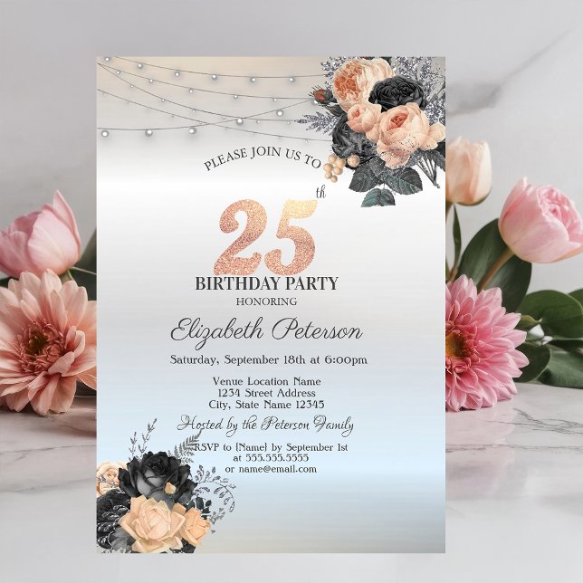 Invitación Luces de Cadena de Rosas Naranjas Cumpleaños 25 Pl (Subido por el creador)