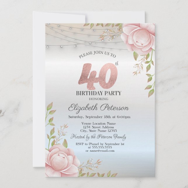Invitación Luces de Cadena de Rosas Naranjas Cumpleaños 40 (Anverso)