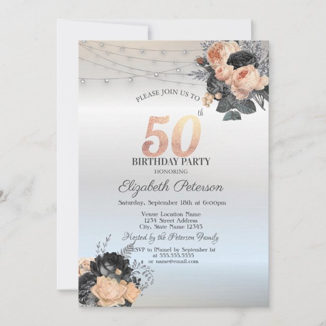 Invitación Luces de Cadena de Rosas Naranjas Cumpleaños 50 Pl (Anverso)