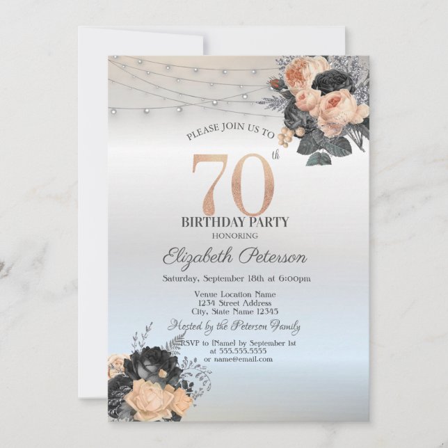 Invitación Luces de Cadena de Rosas Naranjas Cumpleaños 70 Pl (Anverso)
