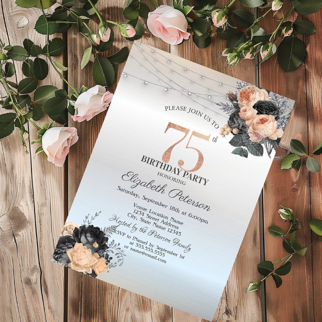 Invitación Luces de Cadena de Rosas Naranjas Cumpleaños 75 Pl (Subido por el creador)