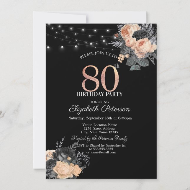 Invitación Luces de Cadena de Rosas Naranjas Cumpleaños 80 Ne (Anverso)
