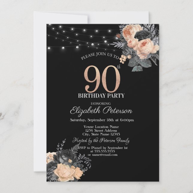 Invitación Luces de Cadena de Rosas Naranjas Cumpleaños 90 Ne (Anverso)