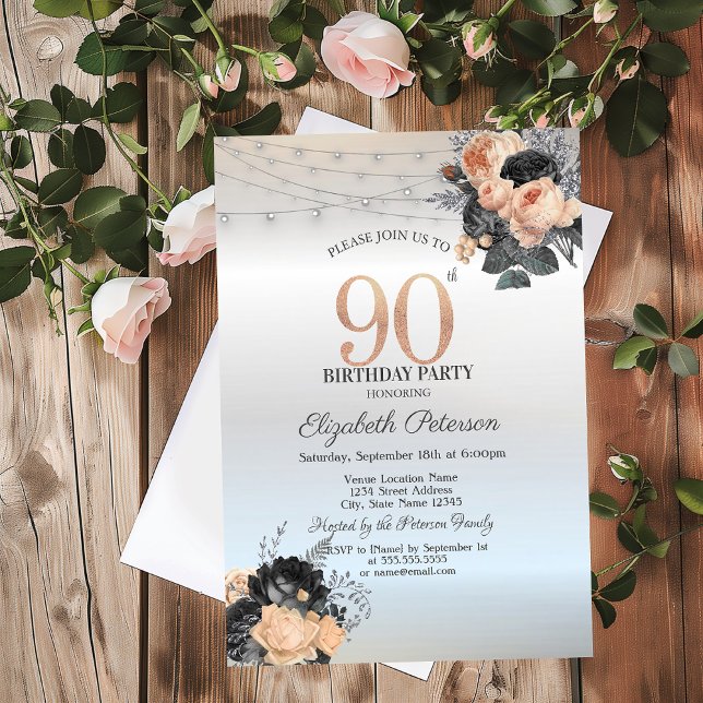 Invitación Luces de Cadena de Rosas Naranjas Cumpleaños 90 Pl (Subido por el creador)