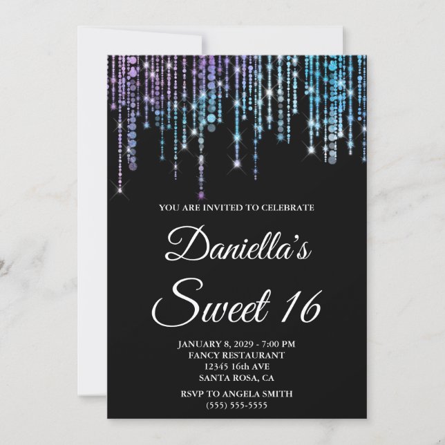 Invitación Luces de Cadena de Unicornio Brillante Negro Dulce (Anverso)