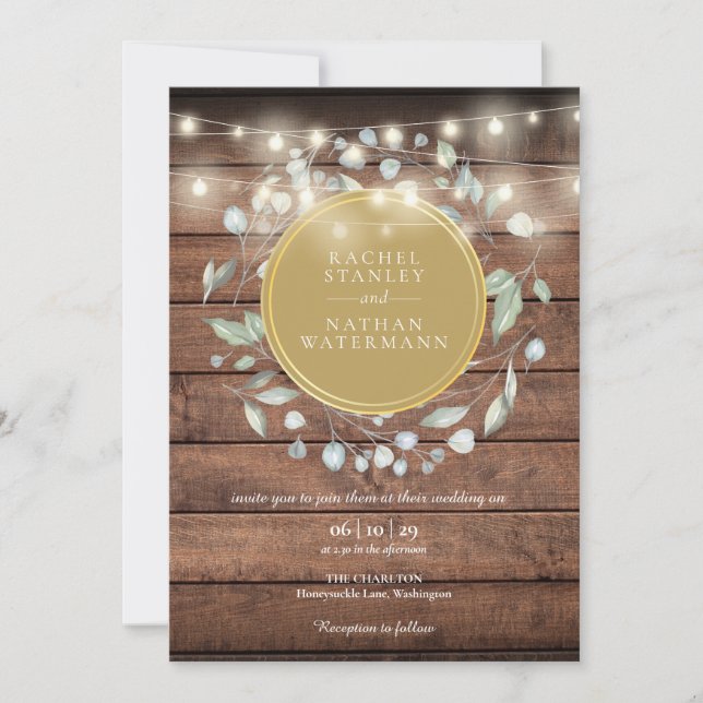 Invitación Luces de Cadena de Vegetación de Madera Rústica pa (Anverso)