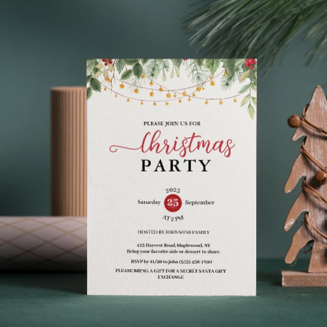 Invitación Luces de Cadena de Verde Elegante Fiesta de Navida (Elegant Christmas Party Greenery String Lights holiday holly berries Watercolor pine branches)