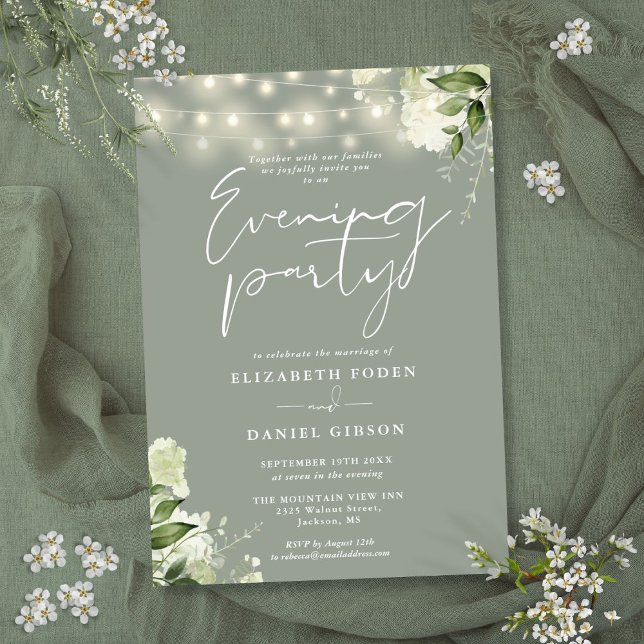 Invitación Luces de Cadena de Verde Sage para Boda Fiesta Noc (Sage Greenery String Lights Wedding Evening Party Invitation)