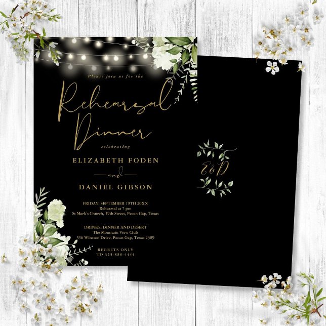 Invitación Luces de cadena de verdor Black Gold Rehearsal Din (Greenery String Lights Black Gold Rehearsal Dinner Invitation)